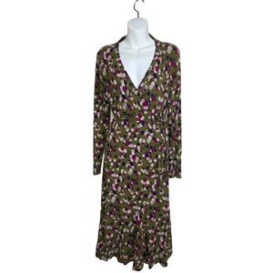 Boden Women's 6R Wrap Front Dress Olive Green Fuchsia Blue Berry‎ Print Midi